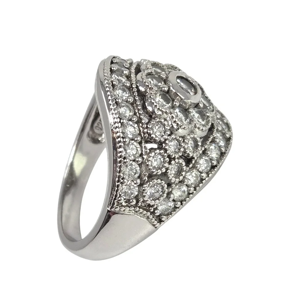 Vintage Sterling Silver Rhodium CZ Flower Dome Cocktail Statement Ring Size‎ 8